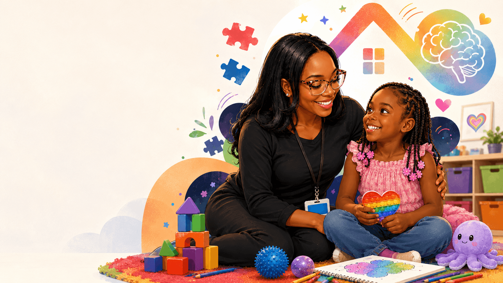 Nayah sitting on the floor with a child, playing with sensory toys and building blocks