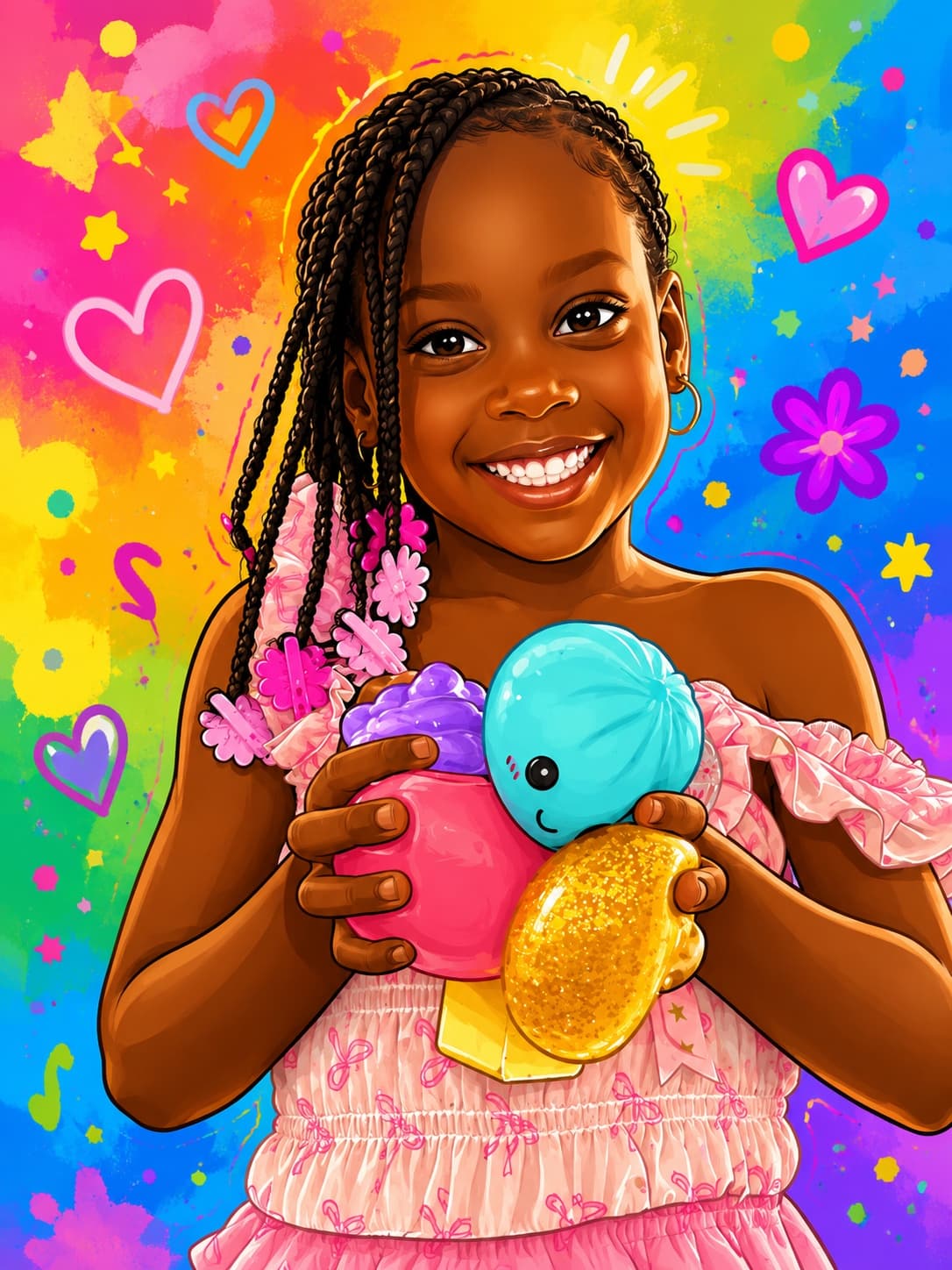 An illustrated portrait of a young girl smiling, holding colorful toys, on a joyful rainbow-colored background