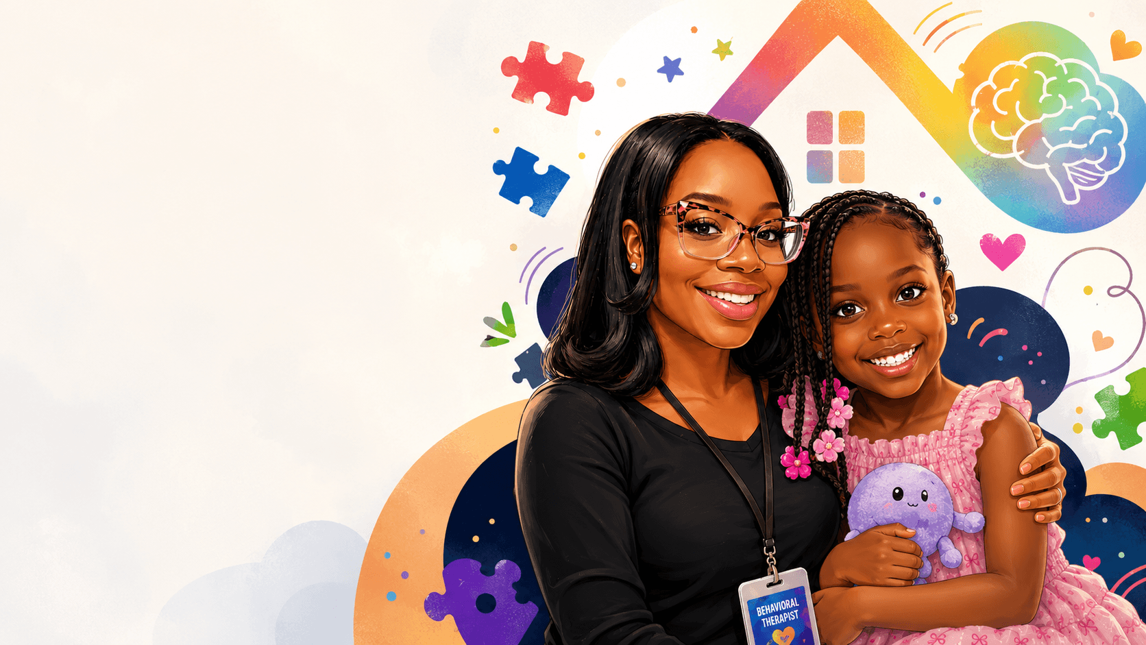 Nayah, a behavioral therapist, with a child she supports, surrounded by house, brain, and puzzle-piece illustrations