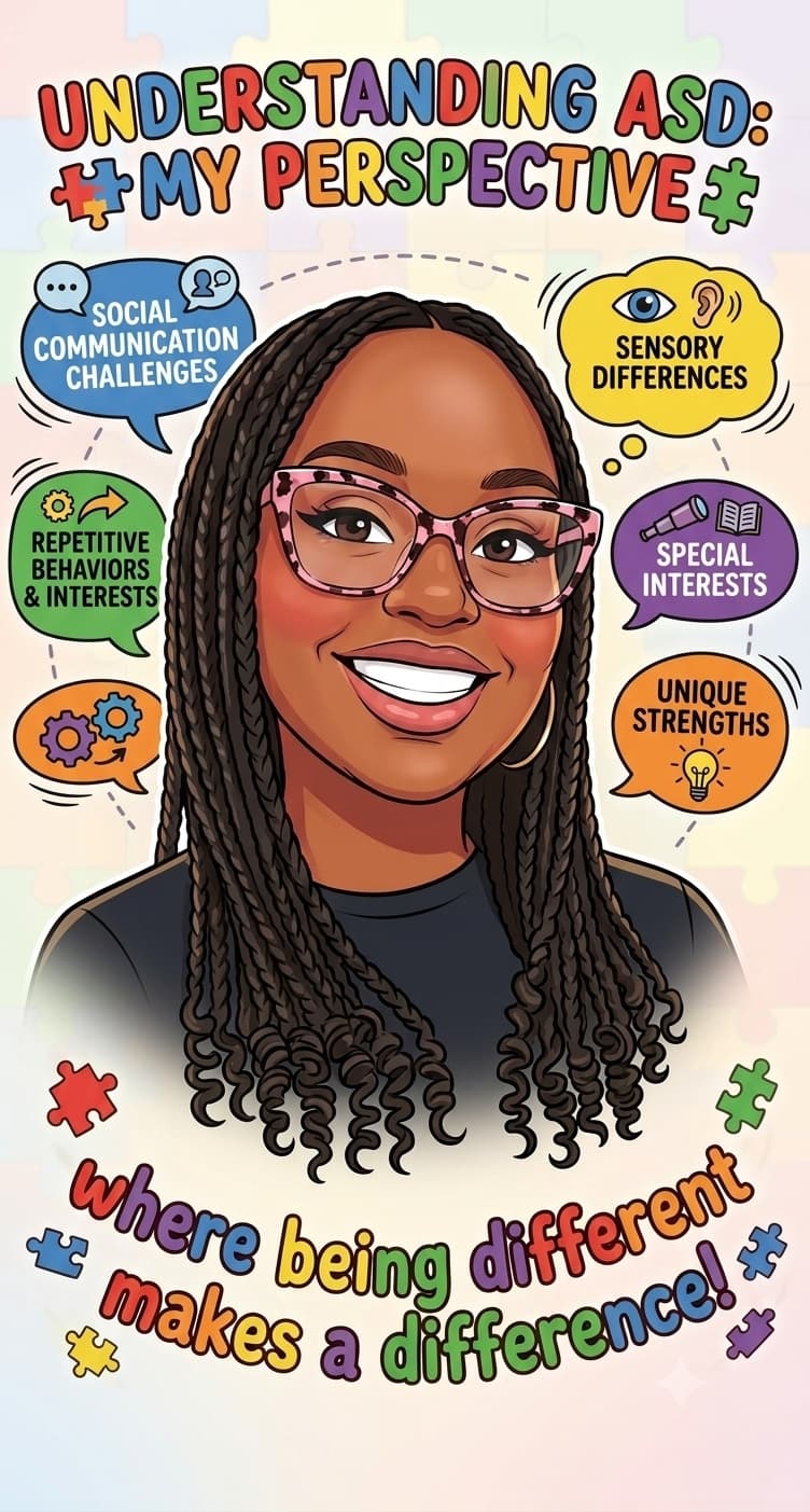 Understanding ASD: My Perspective — illustrated graphic covering social communication, sensory differences, repetitive behaviors and interests, and unique strengths
